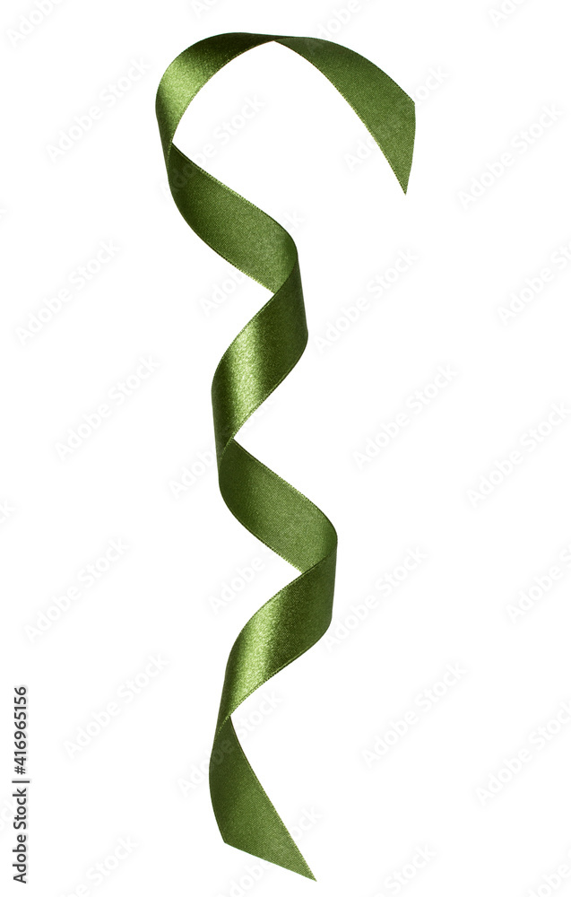 Shiny satin ribbon in green color isolated on white background close up Shiny satin ribbon in green color isolated on white background close up