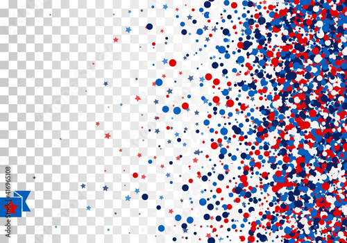 Festive background concept with scatter circles, stars in traditional American colors - red, white, blue. Isolated.