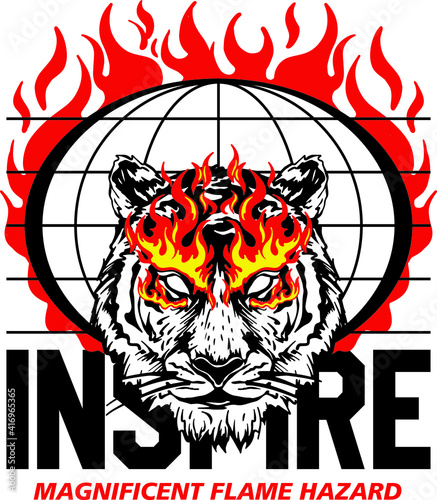 iconic tiger and globe in flames illustration with a slogan print design
