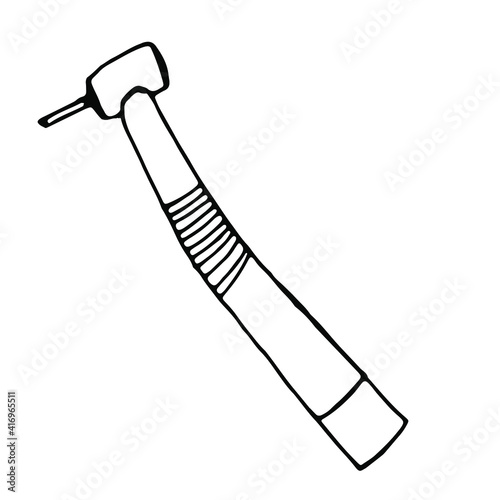 Dental nozzle, medical tool for dentistry. A simple drawing in black on a white isolated background. For illustrations in a textbook, dental clinic advertising. Vector graphic image, linear.