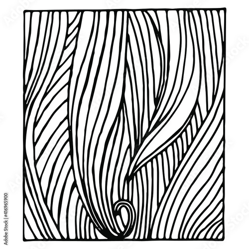 Square pattern, linear background resembling curls, female hair, black lines on a white background. For interior design of hairdressers, beauty salons, hair care products. Isolated vector on white.