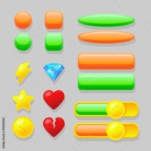 User interface elements for game design orange and green buttons, heart, diamond, gold icons.