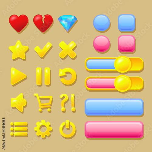 User interface elements for game design: pink and blue buttons, heart, diamond, gold icons.