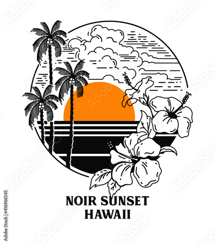 palms and beach scene with hibiscus flowers vector illustration slogan print design