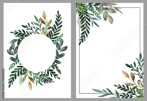 Wedding watercolor hand drawing greenery posters. Floral green invitation cards with rustic garden branches and leaves. Trendy garden borders in frame and circle on white background