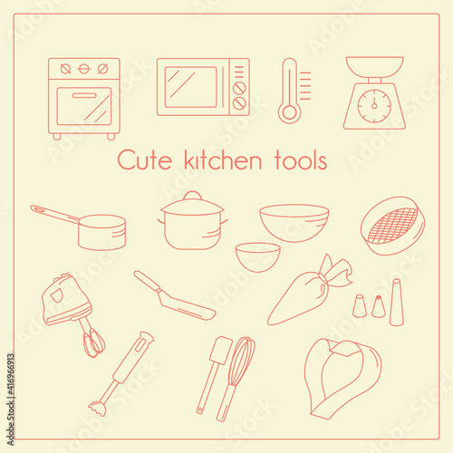 set of kitchen tools. red line icons. vector isolated