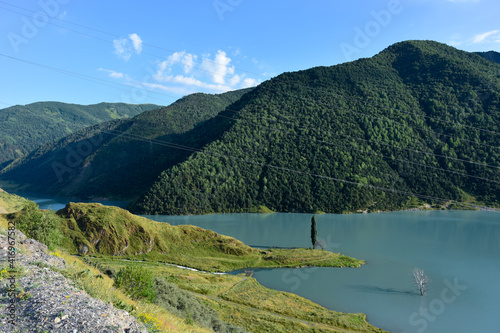 A lone tree sticks out of the water in the Zaramag reservoir. Mountains of the North Caucasus. Hot summer day. Republic of North Ossetia - Alania