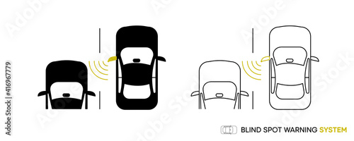 Car security systems icon design. Blind spot warning system is the symbol that informs that a vehicle is coming from the side lane. Editable line icon.