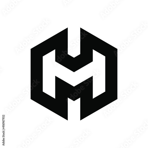 Initial letter M, H, MH or HM logo template with sporty geometric hexagonal illustration in flat design monogram symbol
