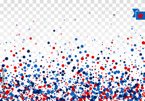 Festive design background concept with scatter circles, stars in traditional American colors - red, white, blue. Isolated on transparent background.