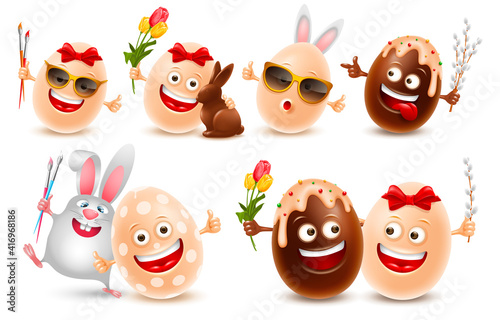 Easter Eggs vector realistic character set. Cute smiling eggs with brushes, flowers, pussy willow twigs, bunny ears, chocolate figure in rabbit shape and bunny. Conceptual design to Easter holidays.