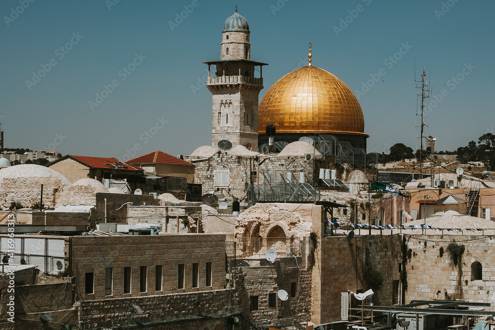 Jerusalem, Israel, 05,10,2017: The Wailing Wall, panoramic view of the old city on a clear sunny day
