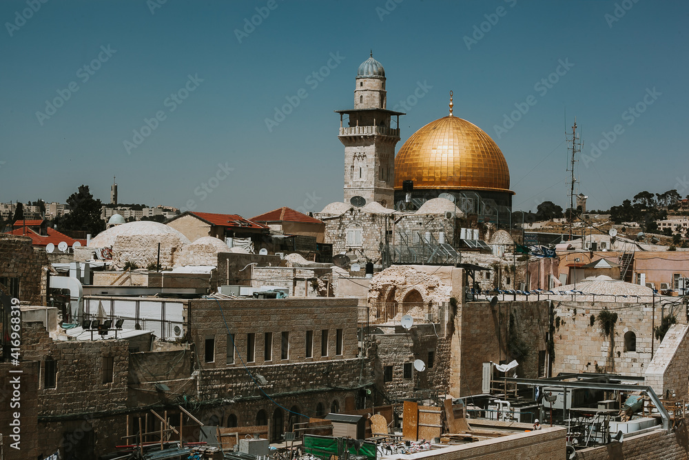 Jerusalem, Israel, 05,10,2017: The Wailing Wall, panoramic view of the old city on a clear sunny day