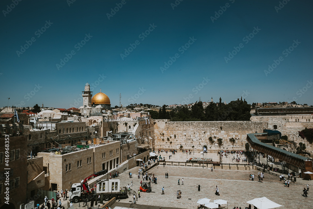 Fototapeta premium Jerusalem, Israel, 05,10,2017: The Wailing Wall, panoramic view of the old city on a clear sunny day