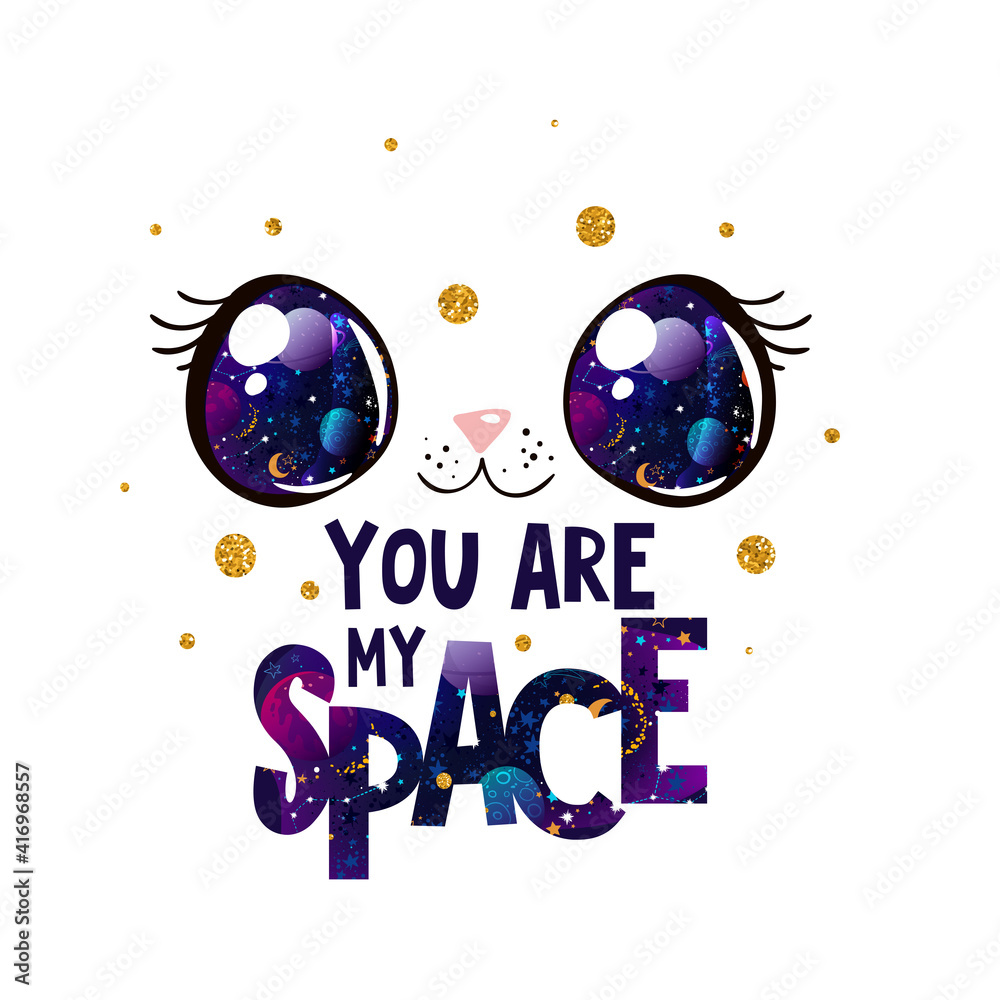 Cut cat face with space in eyes. Kawaii style. Cat vector illustration with lettering. EPS10