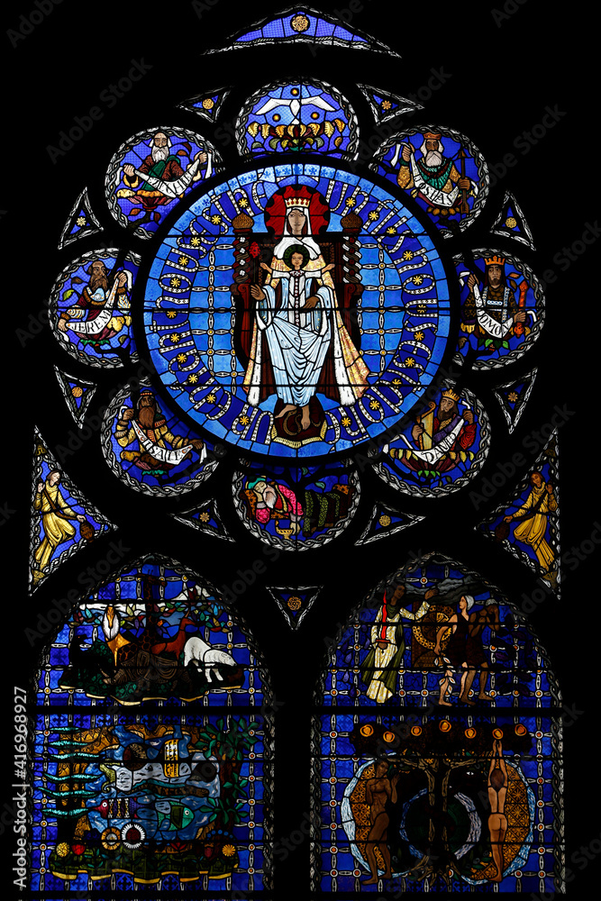Notre Dame de Clermont cathedral, Clermont-Ferrand, France. Stained glass. Genesis.  22.03.2018