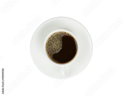 White cup with black coffee and saucer isolated on white background.