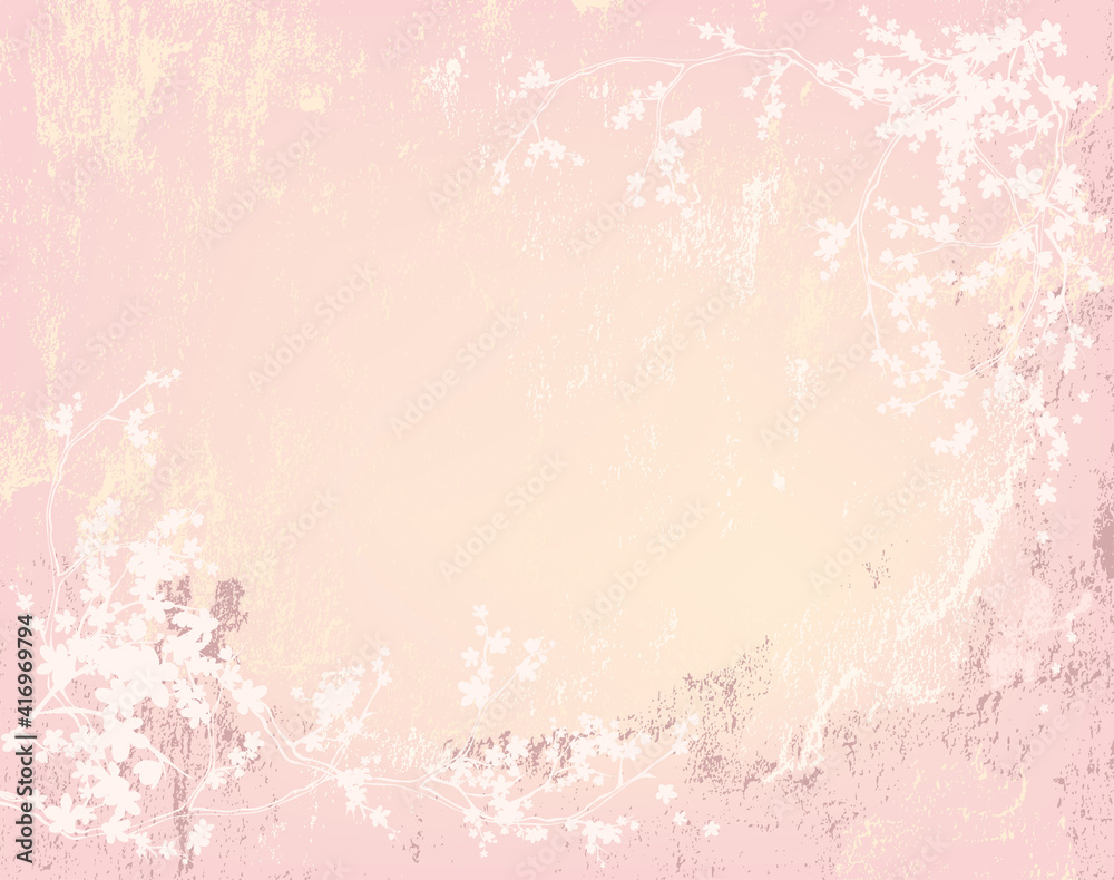 romantic shabby painted wall and blooming sakura tree branches - pastel colored vector copy space background
