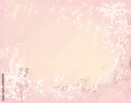 romantic shabby painted wall and blooming sakura tree branches - pastel colored vector copy space background