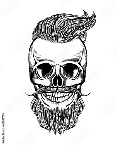 Skull hipster with mustache, beard and red sunglasses, vector illustration