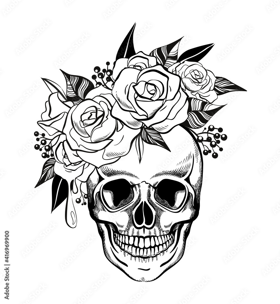 Skull and Flowers, coloring page, vector illustration Stock Vector