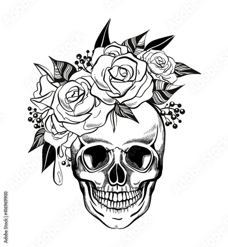 Skull and Flowers, coloring page, vector illustration