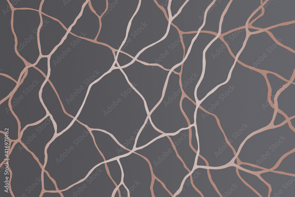 Gold abstract cracks and veins on a dark gray background. Gradient intersecting rose golden lines