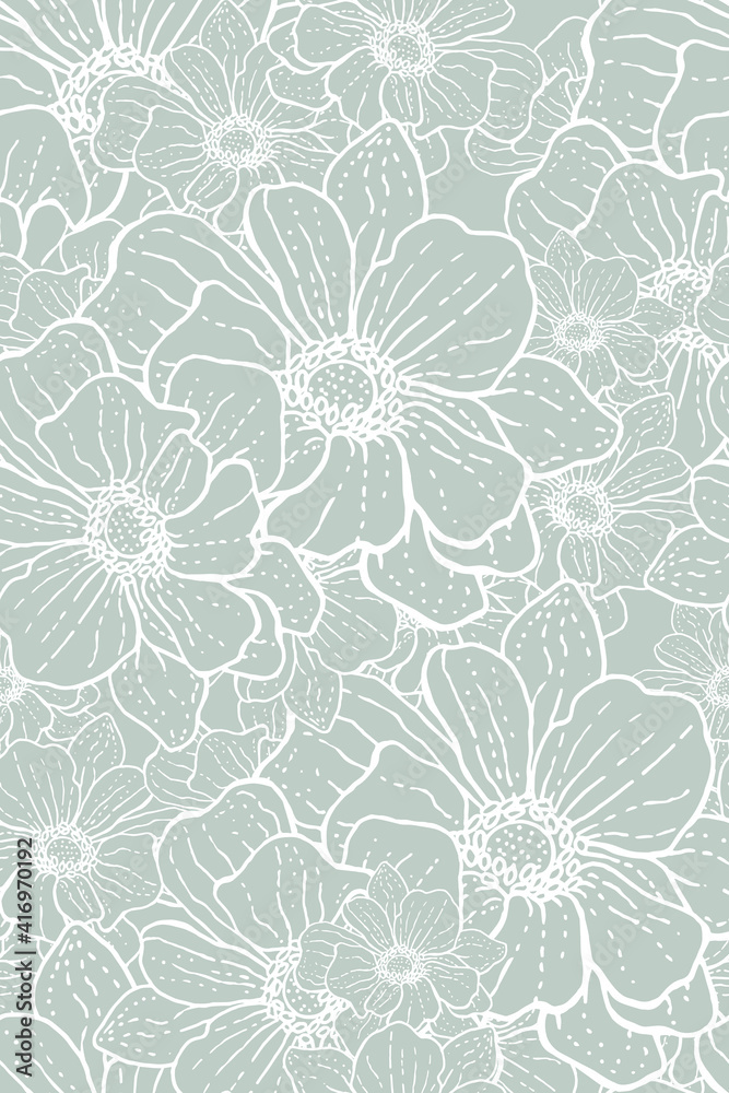 Delicate seamless flowery pattern of dotted white lines drawn by hand