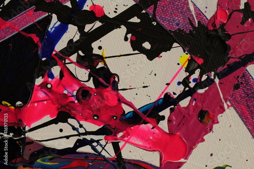 Konstfotografi Pink and black paint splatters cover a white canvas in this abstract backround