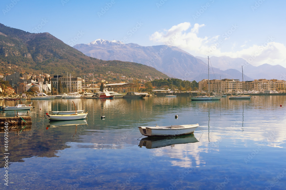 Beautiful winter Mediterranean landscape. Montenegro, Adriatic Sea,  view of Bay of Kotor and Tivat city