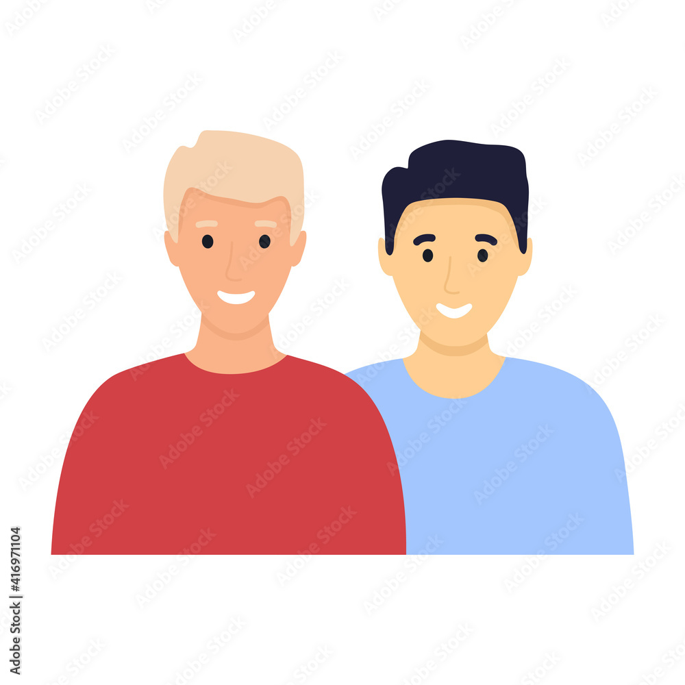 Homosexual LGBT gays. Two young multicultural boys standing together in love. Best friends avatars. Transgender family concept. Homosexual relationship vector illustration isolated on white.