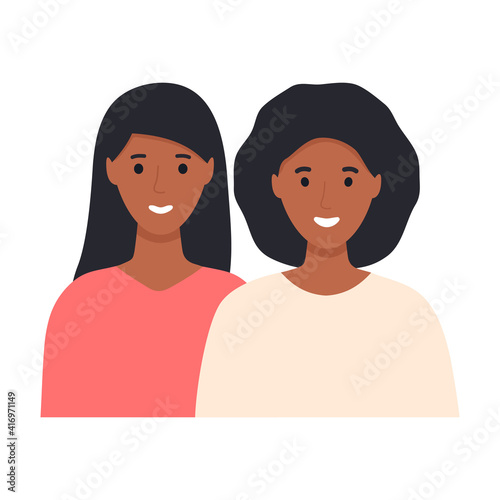 Lesbian LGBT vector illustration. Two young multicultural girls in love. Family concept. Friends women characters. Romantic lesbian relationships. African couple people with black skin.