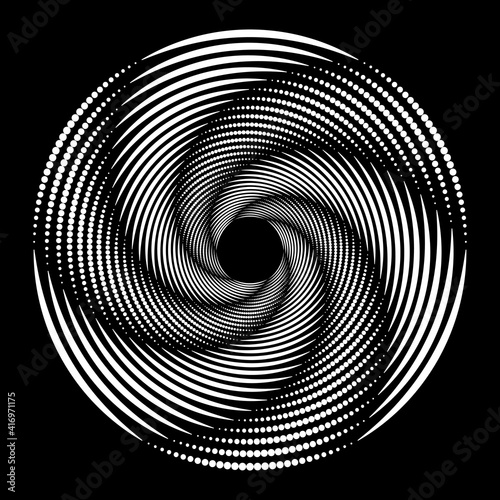 White halftone dots and lines in circle form. Geometric shape. Vector illustration. Monochrome background. Design element for prints, blackout tattoo, template, presentation, logo and textile pattern