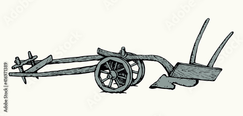 Ancient plow. Vector drawing object