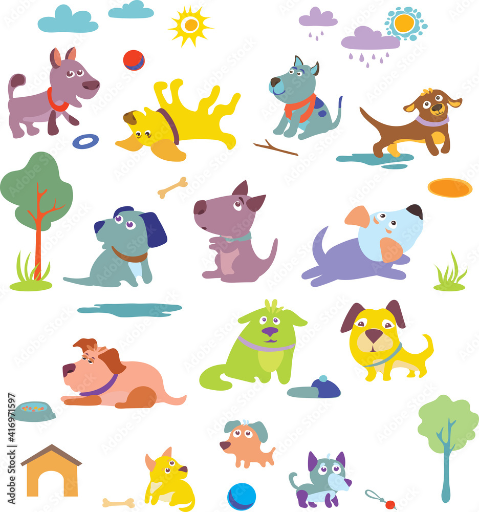 Obraz premium dog, funny, vector, animal, illustration, icon, isolated, colored, art, symbol, sign, cheerful, nature, background, silhouette, logo, design, tattoo, drawing funny dog, puppy, pet, animation, vector