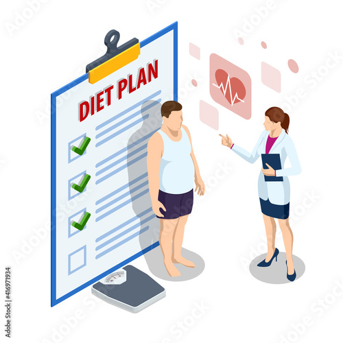 Isometric Healthy food and Diet planning. Healthy eating, personal diet or nutrition plan from dieting expert. Doctor s consultation for an overweight patient. Health risk, obesity.