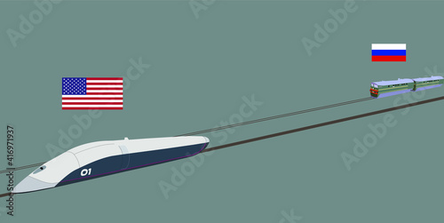 Russia, America, trains try to overtake each other, who is the strongest, America aspires to the path of development faster than Russia.