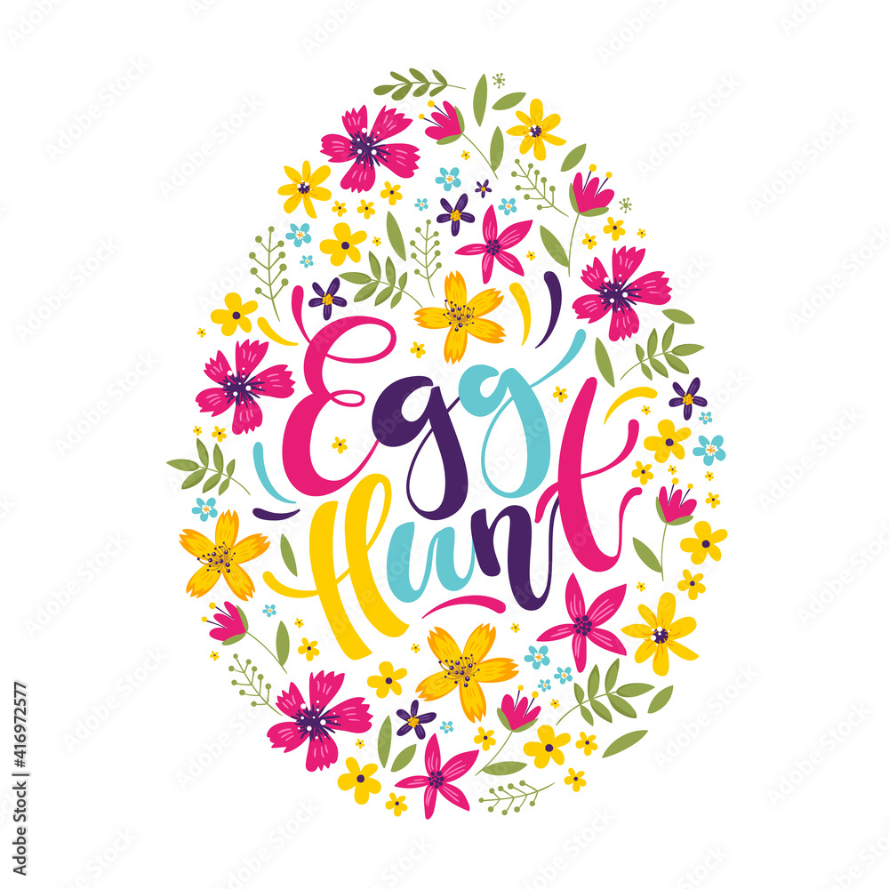 Happy Easter colorful lettering with flowers. Colorful easter egg with flowers. Vector EPS10