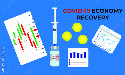 A vector of economy recovery with vaccine and business analysis graph with gold coin insight.