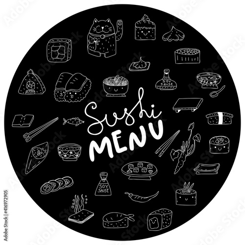Hand drawn sushi menu symbols on black background. Different sushi species: maki, nigiri, gunkan, temaki. Japanese food menu design elements.