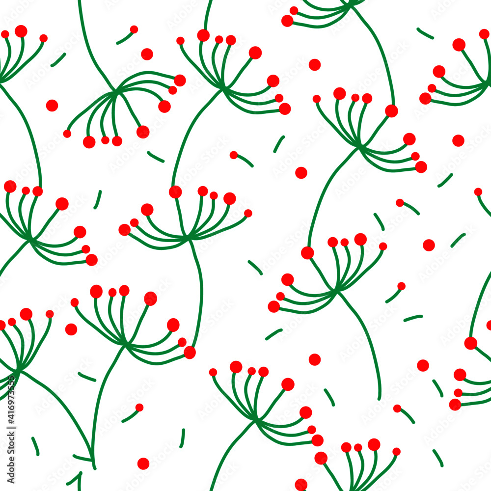 Seamless pattern with cute red berry umbrellas, leaves, single berry elements on an isolated white background. Stock illustration.