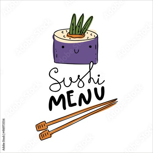 Sushi menu concept. Hand drawing kawaii cute sushi isolated on white background. Asian menu symbol.
