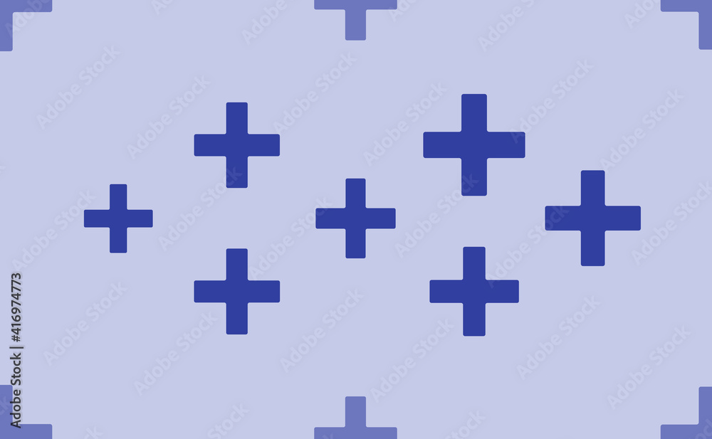 Obraz premium Seamless pattern of large isolated blue plus symbols. The pattern is divided by a line of elements of lighter tones. Vector illustration on light blue background