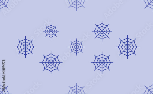 Seamless pattern of large isolated blue spider web symbols. The pattern is divided by a line of elements of lighter tones. Vector illustration on light blue background