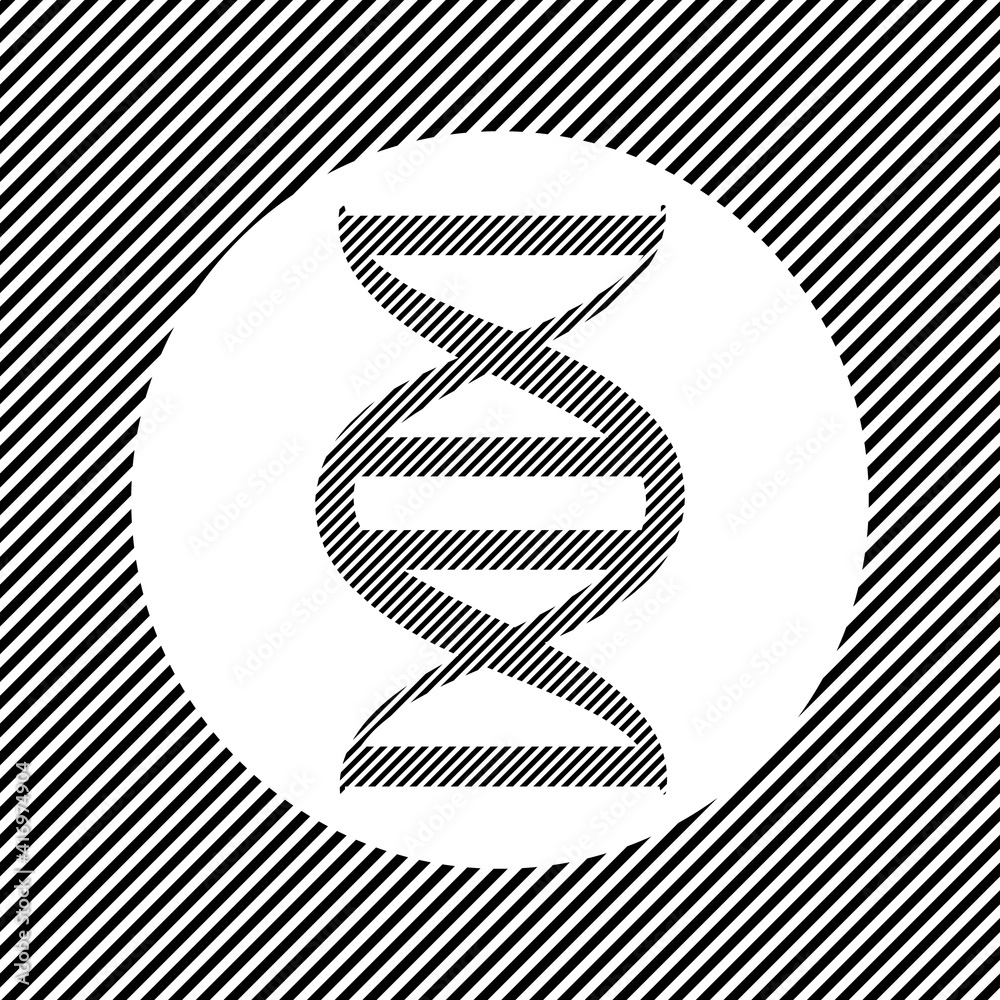 A large dna symbol in the center as a hatch of black lines on a white circle. Interlaced effect. Seamless pattern with striped black and white diagonal slanted lines