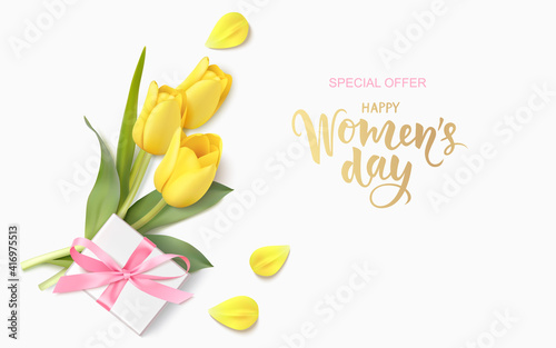 Happy Womens Day. 8 March design template. Calligraphic lettering text with decorative gift box and yellow tulip flowers. Flat lay. Vector stock illustration