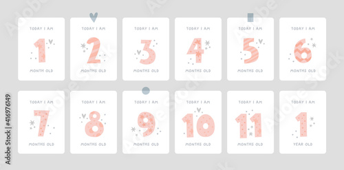 Baby Milestone Cards with numbers in pastel colors for boy or girl. Baby's first 12 months. Baby's first year. Capture all the special moments of little one in first year