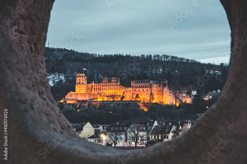 Heidelberg Castle enclosed by the Love Stone (Liebesstein) in winter time. photo