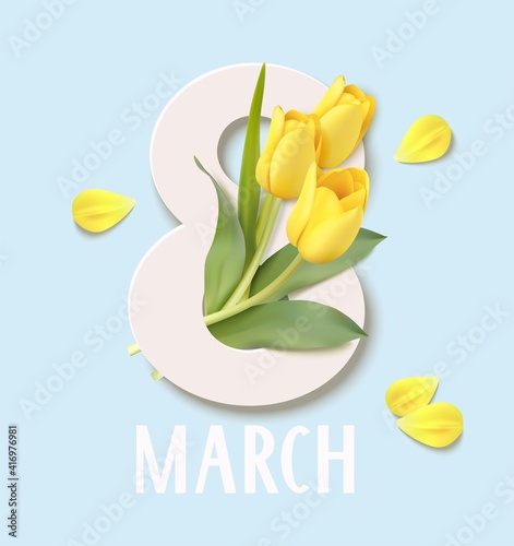 Happy Womens Day. 8 March design template. Number 8 with yellow tulip flowers and flower petals. Vector illustration	