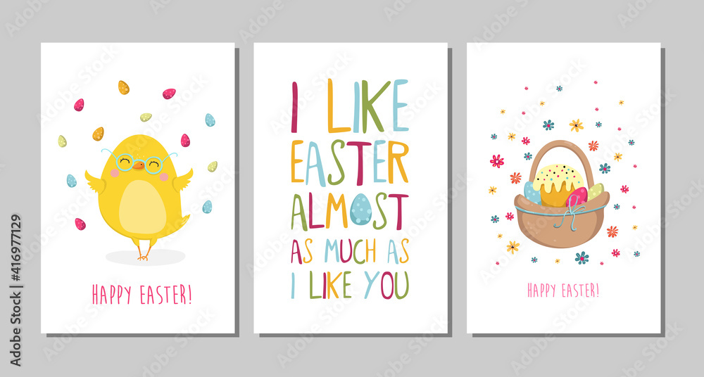 Set of Easter cards with cute cartoon chicken and type design . Easter greetings cards. Vector illustration EPS10 Set of Easter cards with cute cartoon chicken and type design . Easter greetings cards. Vector illustration EPS10